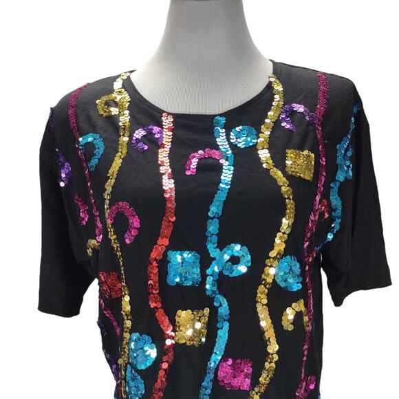 Vtg 80s Carducci Rainbow Sequin Top Size M Black Statement Shoulder Pads Disco - Picture 6 of 10